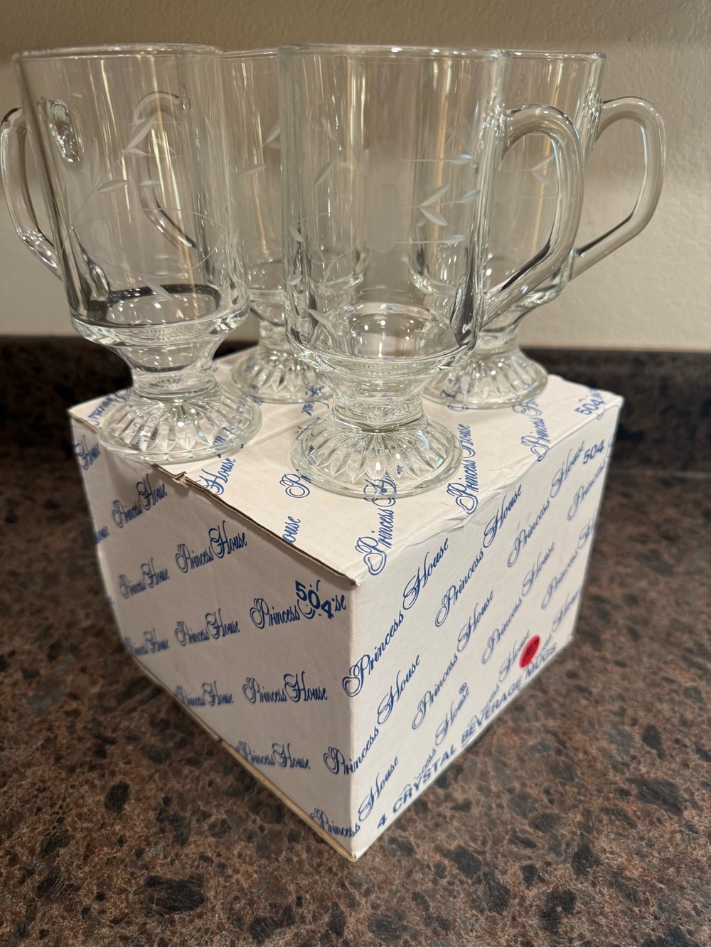 Princess House Clear Glass Footed Mugs with Handles - Set of 4